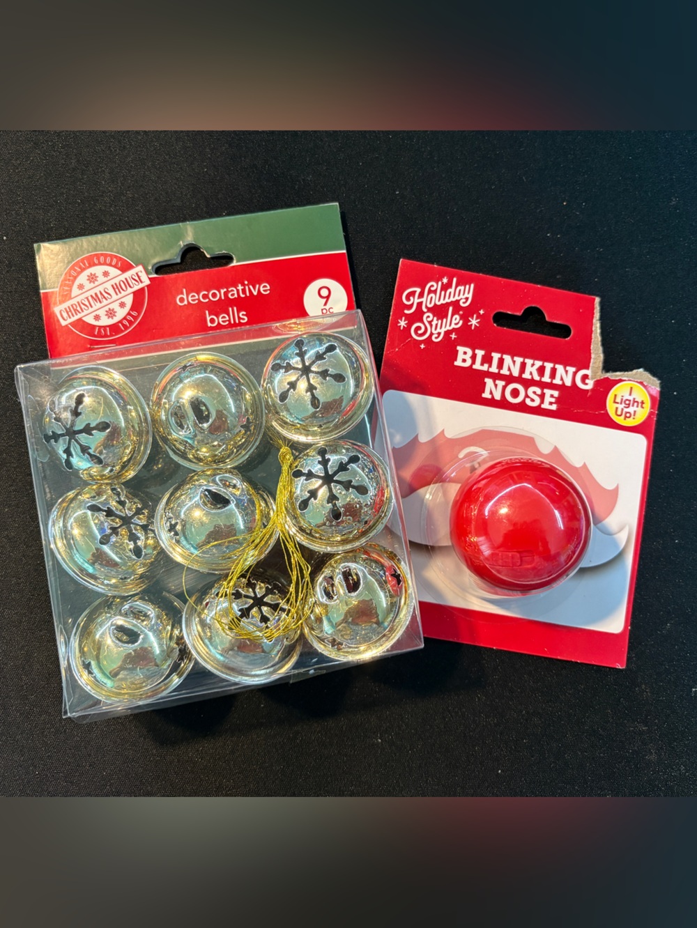 Blinking Red Nose & Decorative Gold Bells Set